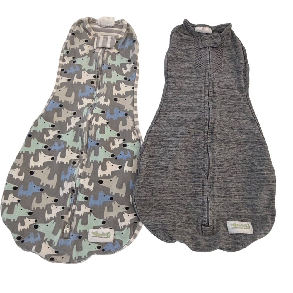 Woombie Baby Swaddle Sleep Sack Bundle 0-3 Months Dog Print & Heather Gray Air